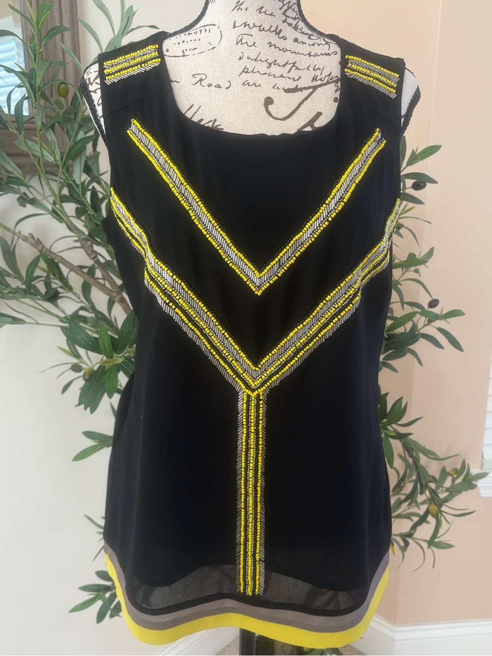 Coldwater Creek Black Sleeveless Top with Yellow and Silver Beading